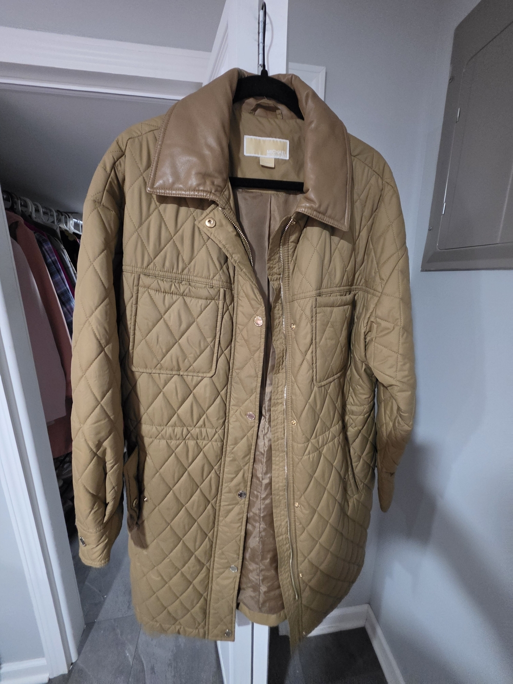 Michael Kors Quilted Trench Coat in Tan with Leather-Look Collar